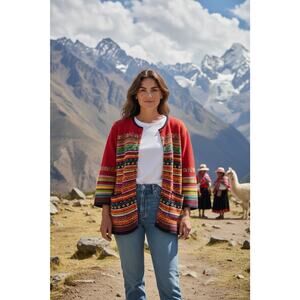 Vintage Evan Picone XL Red Andean Motif Floral Geometric Striped Cardigan